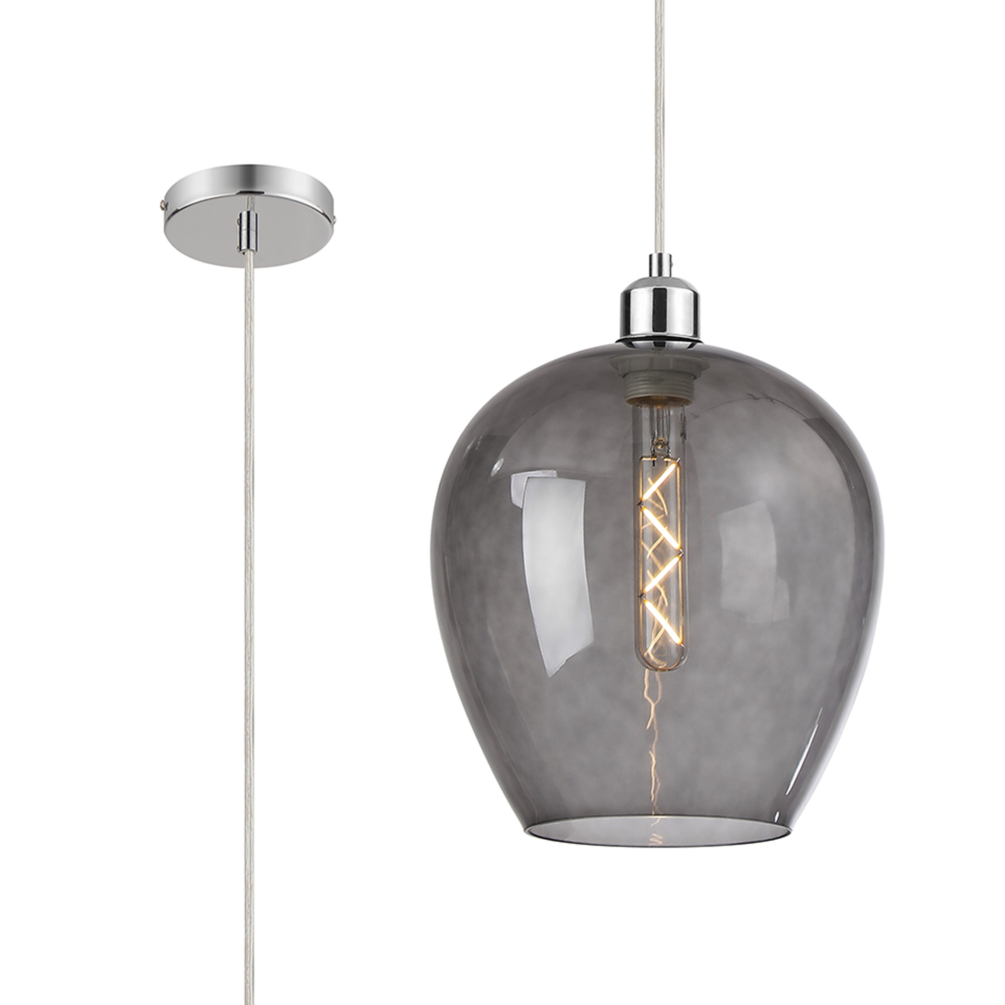 DK1112  Cawdor Single Pendant, 1 Light E27, Polished Chrome/Clear/Smoke Wine Glass